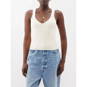 LA LIGNE Cable Knit Marlow Organic Cotton Tank Top L Cream Cotton V-Neck Ribbed